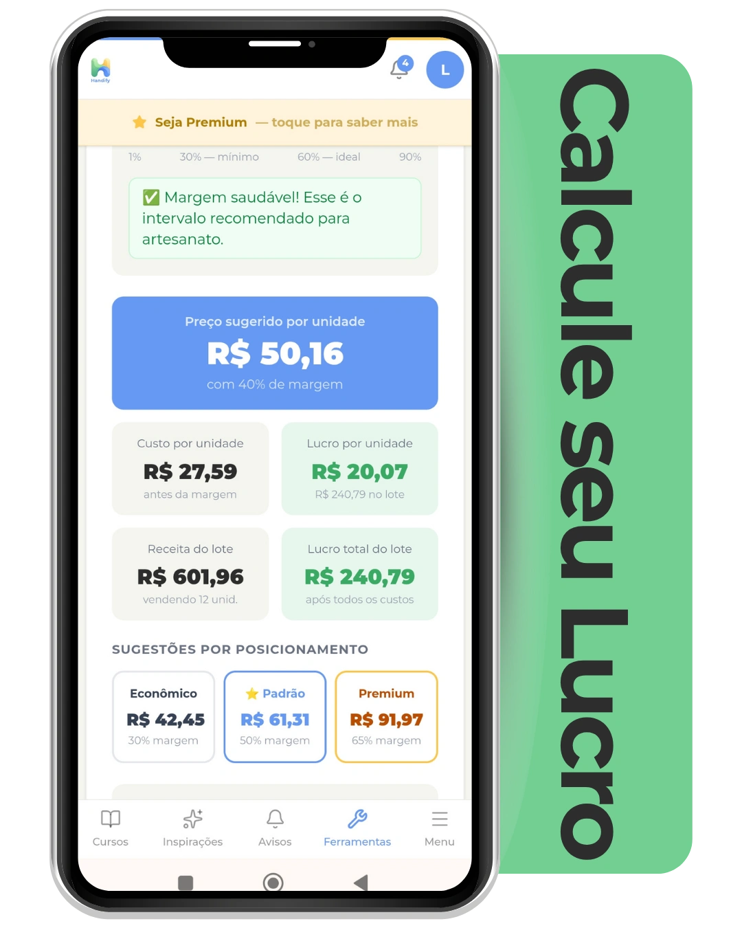 App de precificação Handify calculando o lucro por unidade