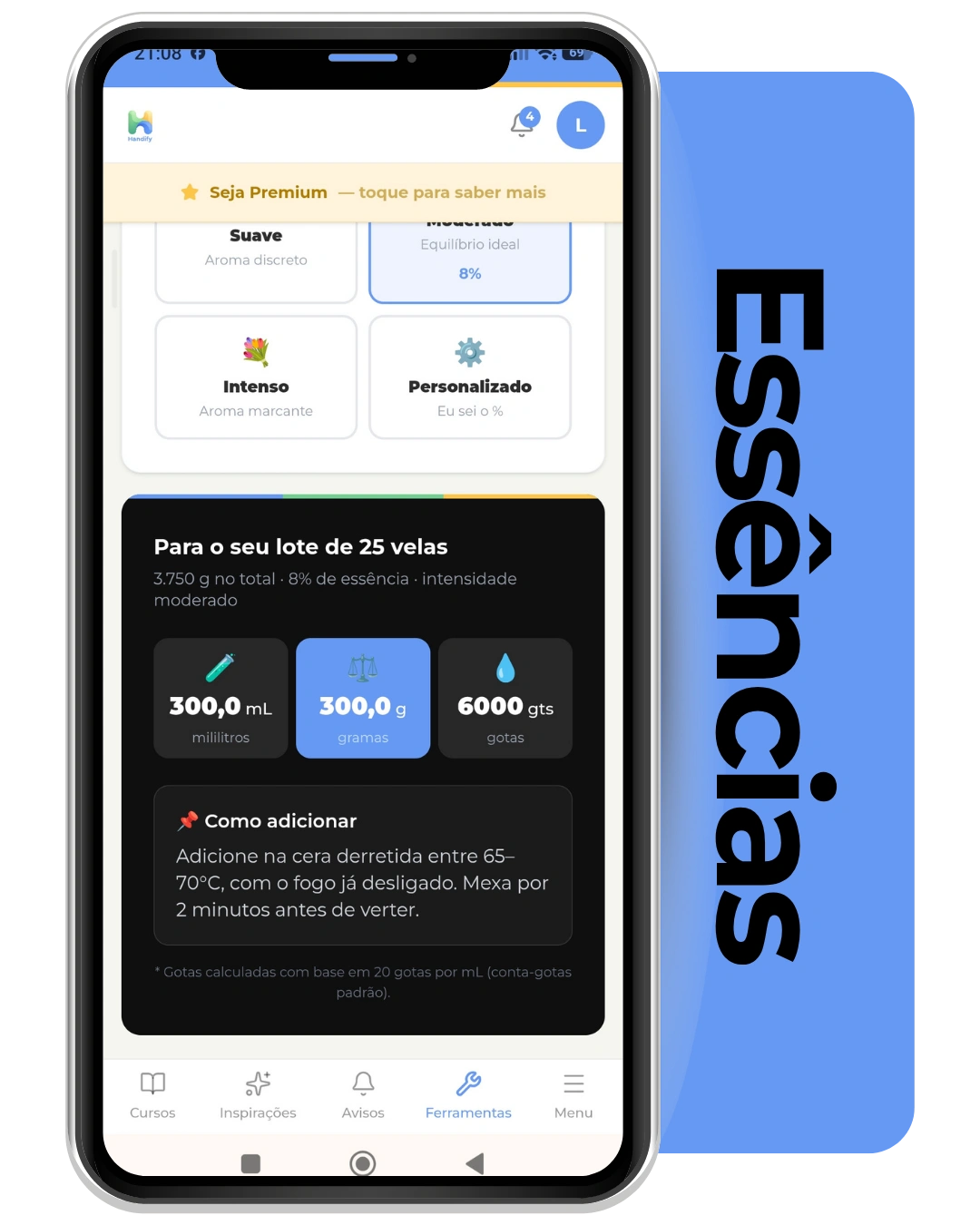 App de essências Handify calculando a quantidade ideal