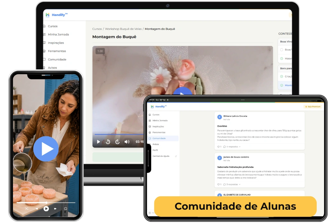 Área de membros do curso em notebook, celular e tablet