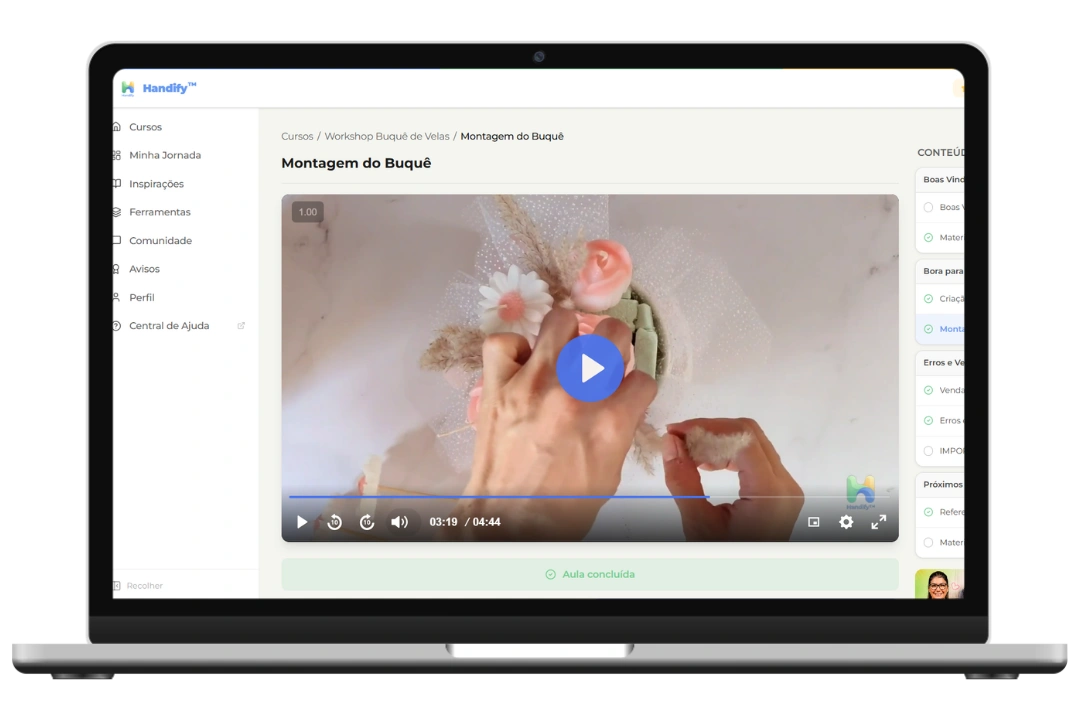Aula do curso em vídeo na área de membros Handify